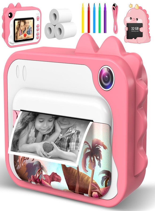 Usteetic Kids Camera Instant Print, Dinosaur Instant Print Camera for Kids with 1080P Video, 32GB SD Card, 240 Photos, Christmas Birthday Gifts for Boys Girls Ages 3-12 (Pink) - Image 1