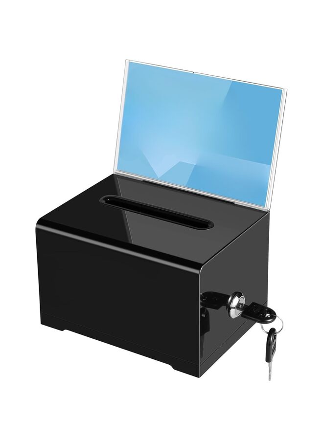 صندوق رسم بطاقات العمل/الاقتراحات مع لافتة وقفل، صندوق تبرعات أكريليك مع قفل، صندوق اقتراع أسود مع حامل لافتة، صندوق اقتراحات لجمع التبرعات، التبرعات، البار، التصويت المدرسي - Image 1