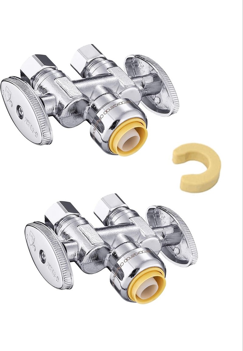 EFIELD (Pack of 2) Push Fit 1/2" x Dual 3/8" OD Compression Straight Stop Valve 1/4 Turn with a Disconnect Clip Tool,(PF-VALVE039-2PCS) - Image 1