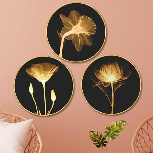 SAF Livin'luxe Set of 3 Round Floral Wall Art with Golden X-Ray Effect – Modern Botanical sparkle lamination Painting for Living Room, Bedroom & Office – Premium Black Background Décor 16 In - Image 1