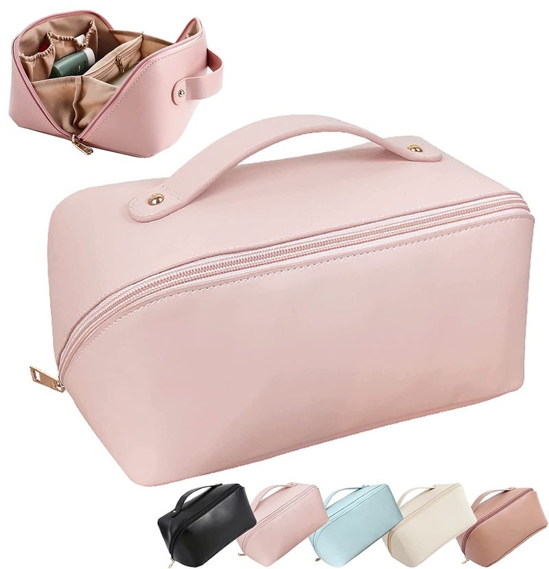 BUYFLUX Capacity Cosmetic Travel Bag Womens Makeup Travel Bag Portable Leather Cosmetics Bag Makeup Storage Bags with Handle and Divider Wide Opening CosmeticMakeup Organizer Pink - Image 1