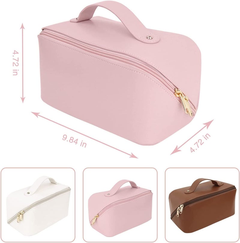 BUYFLUX Capacity Cosmetic Travel Bag Womens Makeup Travel Bag Portable Leather Cosmetics Bag Makeup Storage Bags with Handle and Divider Wide Opening CosmeticMakeup Organizer Pink - Image 2