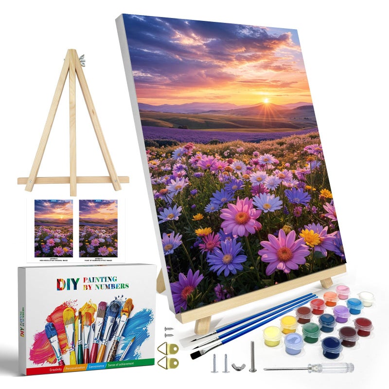 JOOZ Flowers Paint by Numbers Kit for Adults with Frame Sunset Mountain Paint by Number with Easel DIY Adult Paint by Number Kits on Canvas Landscape for Home Wall Decor 8 x 12 Inch