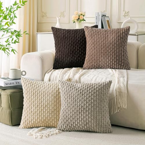 Cozoomy Set of 4 Beige Brown Coffee Decorative Throw Pillow Covers 18x18 Inch Corduroy Pillow Covers for Bed Couch Sofa Living Room Soft Square Cushion Cases - Image 1