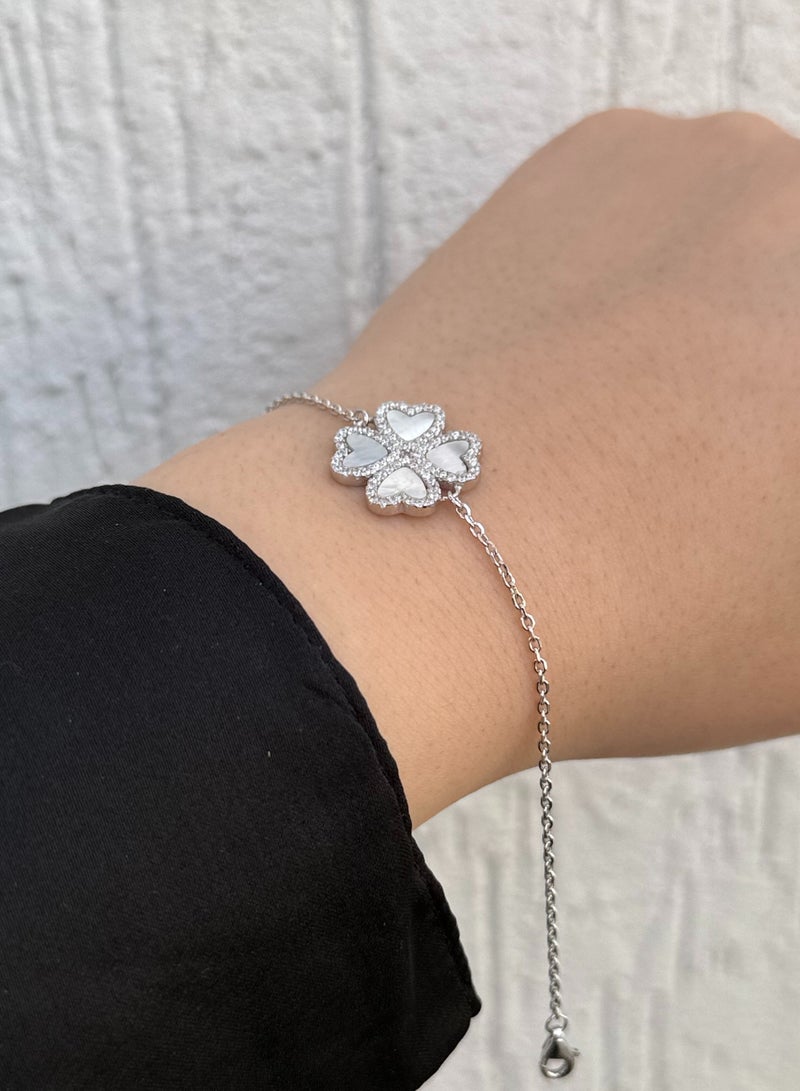 Al Kasr Jewelry Four-Leaf Clover Bracelet - Adjustable - Sterling Silver 925 with Mother of Pearl and Zircon Stones-Plated Rhodium White Gold 18K - Image 3
