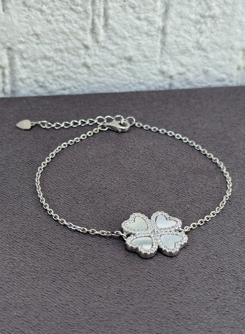 Al Kasr Jewelry Four-Leaf Clover Bracelet - Adjustable - Sterling Silver 925 with Mother of Pearl and Zircon Stones-Plated Rhodium White Gold 18K - Image 1
