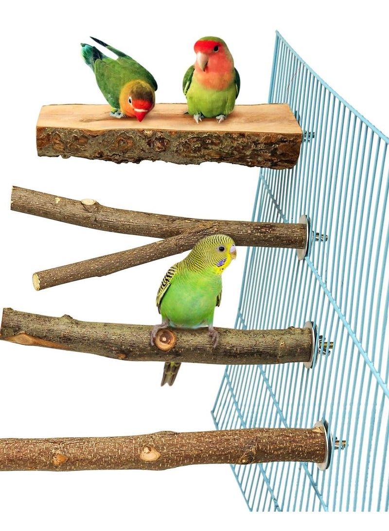 KASTWAVE 4 Pack Natural Wood Bird Perch Parrot Stand Branches Fork Toys, Pet Bird Cage Wooden Hanging Perch Platform Hammock Swing Toy for Small Parakeets, Budgies, Cockatiels, Conures, Macaws, Finches - Image 1