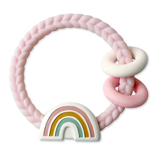 Itzy Ritzy Silicone Teether with Rattle; Rattle Teether Features Rattling Sound, Two Silicone Teething Rings and Raised Texture to Soothe Gums; Ages 3 Months and Up (Pink Rainbow) - Image 4