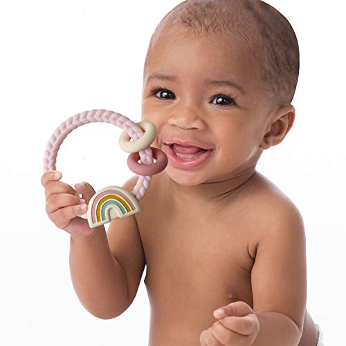 Itzy Ritzy Silicone Teether with Rattle; Rattle Teether Features Rattling Sound, Two Silicone Teething Rings and Raised Texture to Soothe Gums; Ages 3 Months and Up (Pink Rainbow) - Image 2