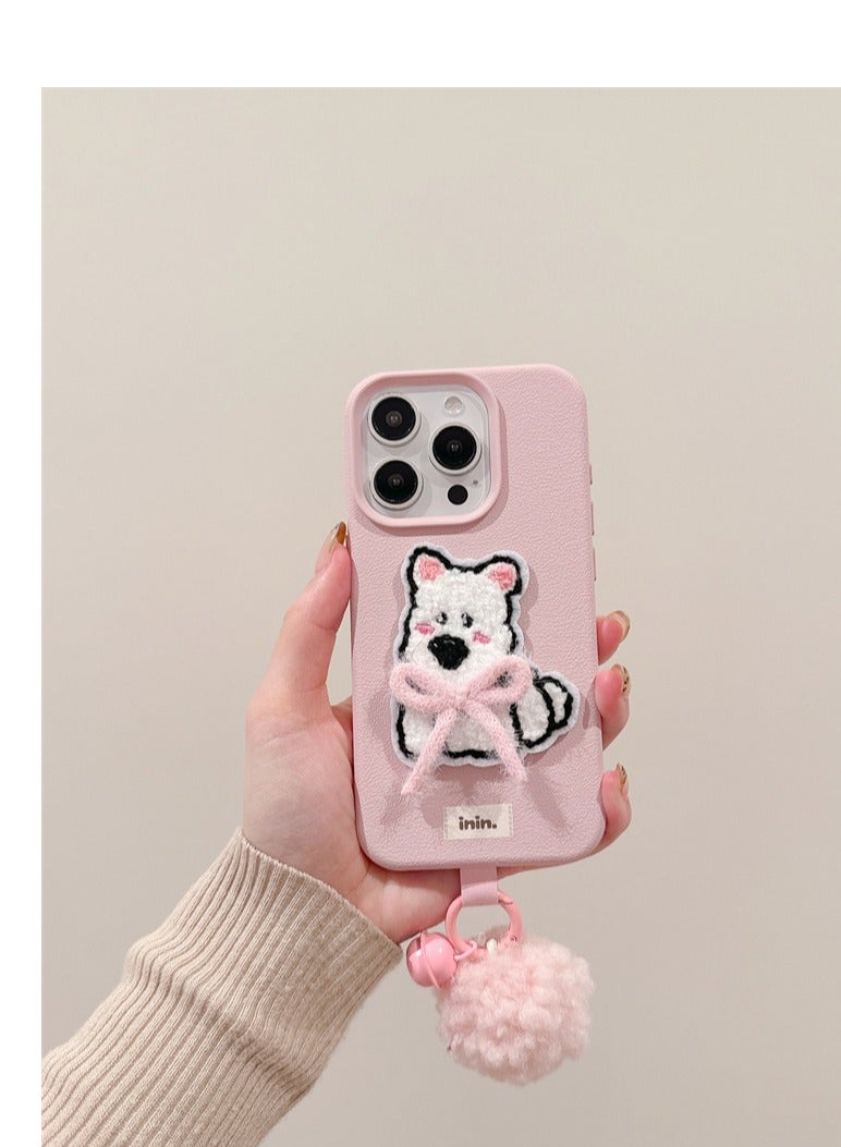 NIBEMINENT Bows And Ribbons Embroidery Protective TPU Case Cover For iPhone 14 Pro, Powder With Powder Bells Fuzz Ball
