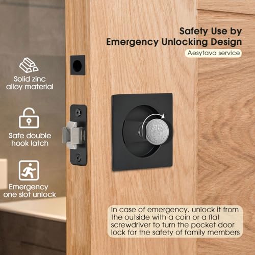 Aesytava Black Pocket Door Hardware 2 38 Backset Zinc Alloy Heavy Duty Square Matte Black Pocket Door Lock Solid Sliding Pocket Door Handle1 Pack - Image 3