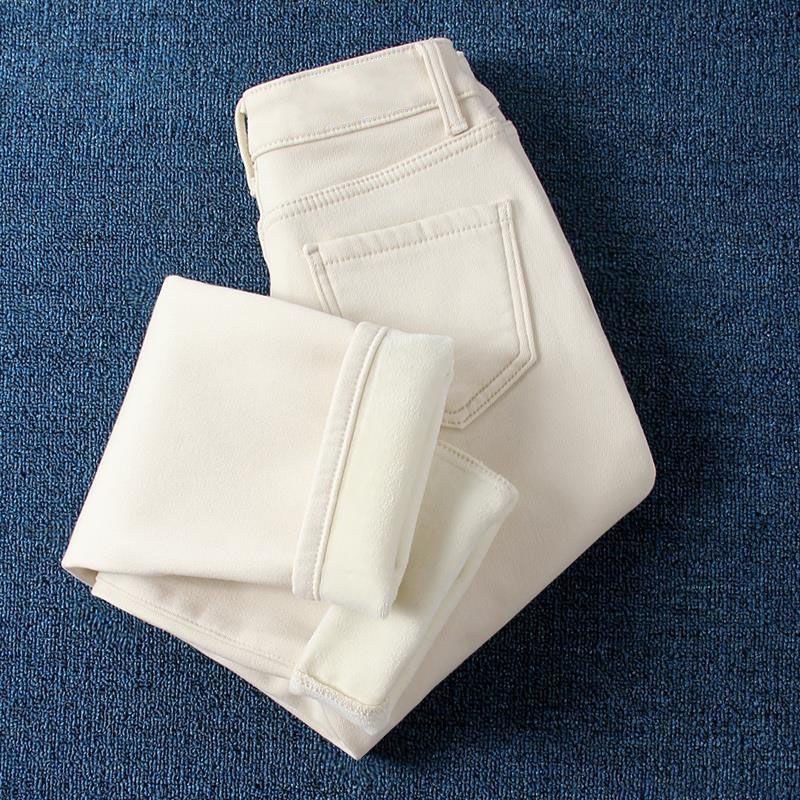 2025 Spring Velvet White Jeans Women's Small Leg Pants Easiest for Match High Waist Slim Casual Slim Pants Boot Pants