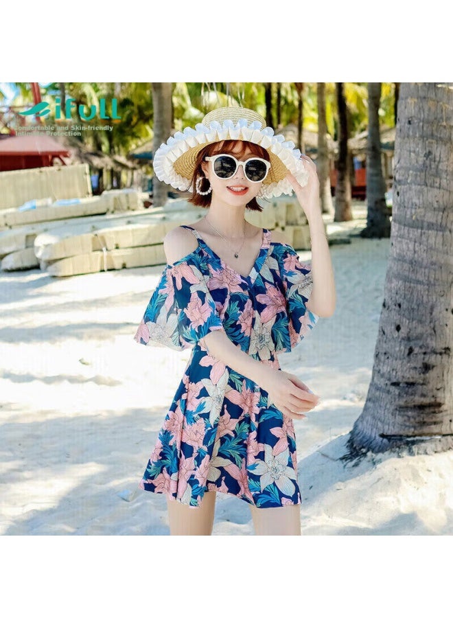 Skin-friendly Yifu Women's Two-piece Conservative Slimming Swimsuit, Square-leg Steel-ring Large Size Student Skirt-style Tummy-covering Swimwear For Hot Springs - Image 1