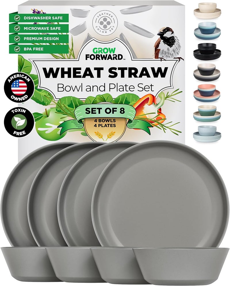 Grow Forward Premium Wheat Straw Plates and Bowls Sets - 8-Piece Wheat Straw Dinnerware Sets - Unbreakable & Reusable Microwave Safe Plastic Dinner Plates for Outdoors, RV, Camping Dishes - Feather - Image 1