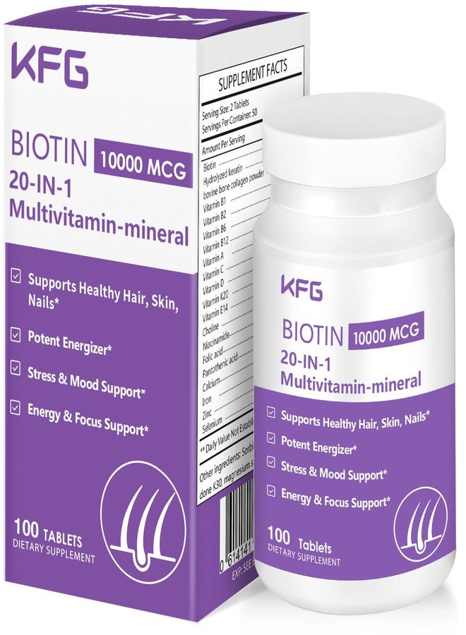 KFG Biotin 10000mcg, Women’s Multivitamin-Mineral, with Keratin, Collagen, Calcium, Niacinamide & Vitamins A, B, D, C, E, for Women Hair, Skin, Nail & Bone Health, 100 Tablets. - Image 1