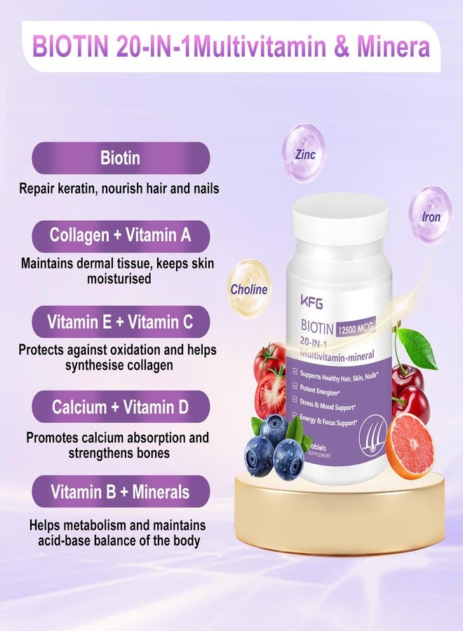KFG Biotin 10000mcg, Women’s Multivitamin-Mineral, with Keratin, Collagen, Calcium, Niacinamide & Vitamins A, B, D, C, E, for Women Hair, Skin, Nail & Bone Health, 100 Tablets. - Image 2