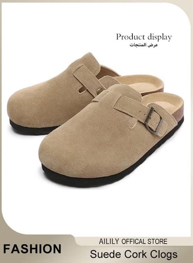 Ailily Unisex Suede Clogs, Premium Suede Leather Clogs Sandals For Women And Men, Anti-Slip Flat Mules, Classic Slip-On Closed Toe Slippers, Clogs With Arch Support And Adjustable Buckle, Casual Clogs For Indoors Outdoor Activities, ​​Brown​ Suede Mules With Buckle, Wide Feet Friendly Clogs for Work and Weekend Outings(size:43) - Image 1