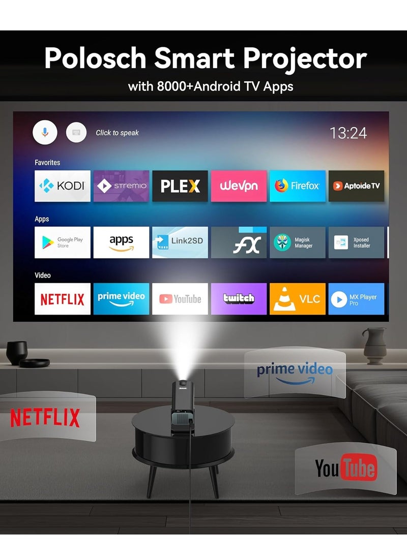 Mini Projector, Natvie 1080P Smart Projrctor Built-in Android TV 11.0, with Wifi and Bluetooth, Auto Keystone 4K Supported 10000 Lumens,180 Degree Rotation Short Throw Projector