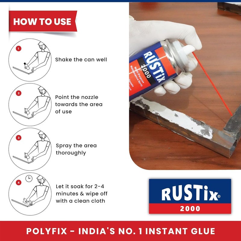 POLYFIX RUSTIX Multipurpose Rust Remover Aerosol Spray - Ideal for Metallic Surfaces, repair stuck Drawers, Lubricant for Door Hinges,Windows, bicycle chains, nuts and bolts - Pack of 2 (100ml each) - Image 3
