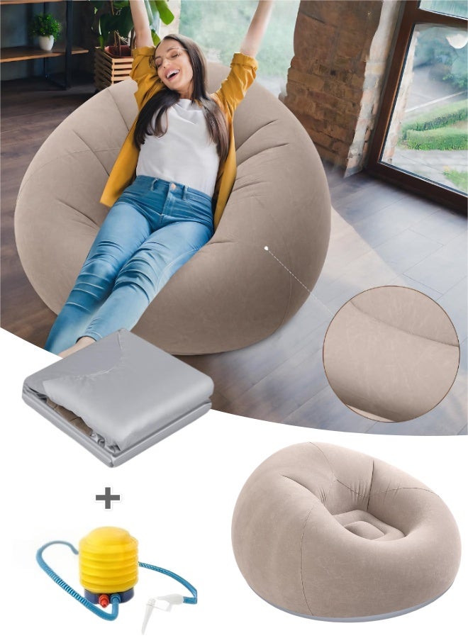 الأريكة الكمثرية قابلة للتفجير من بوليفين كلوريد المقشط مع مضخة هواء، قابلة للطي ومُنقلة، كرسي كسول للغرفة النومية والغرفة المعيشة والتخييم (بني) - Image 1