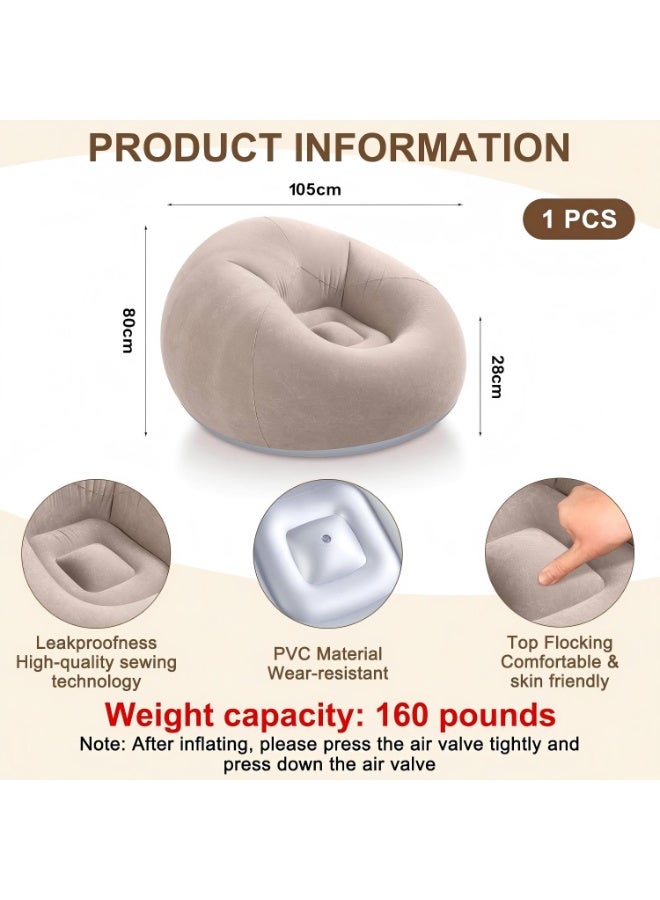 الأريكة الكمثرية قابلة للتفجير من بوليفين كلوريد المقشط مع مضخة هواء، قابلة للطي ومُنقلة، كرسي كسول للغرفة النومية والغرفة المعيشة والتخييم (بني) - Image 2