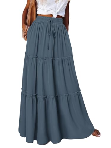 onlypuff Maxi Skirt for Women Boho Western Skirts High Waist Long Skirt with Pockets Fall Festival Outfits Clothing Grey Blue XXL - Image 2