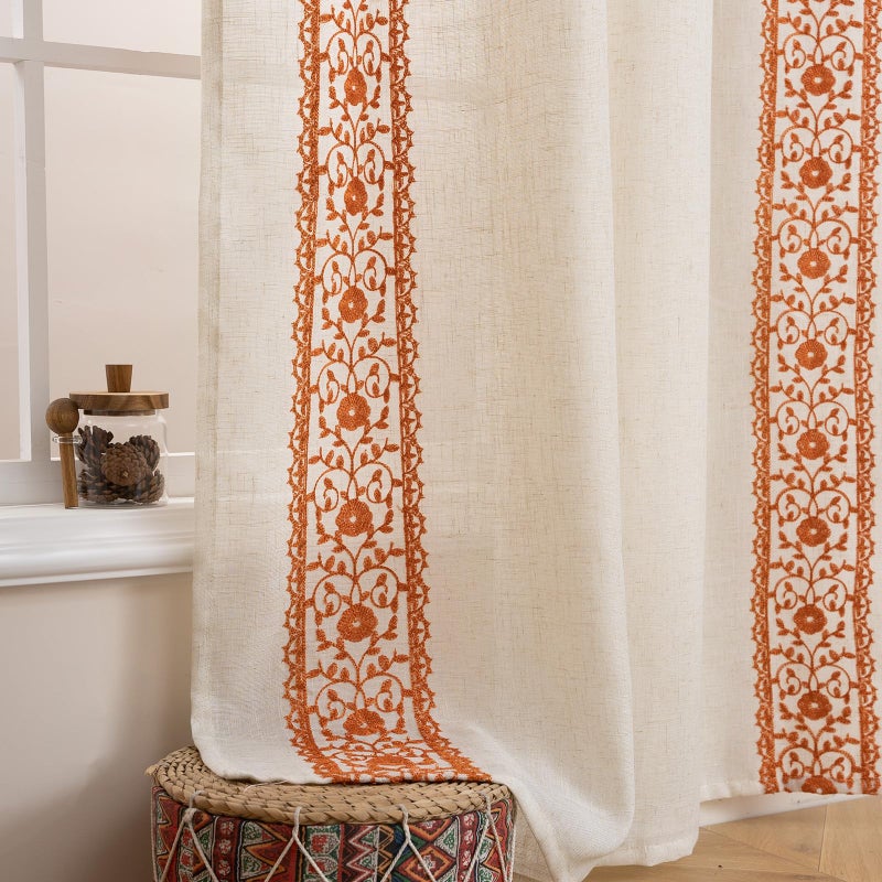 ColorBird Boho Curtains Semi Sheer Linen Curtain for Living Room 84 Inches Length Burnt Orange Floral Embroiderd Light Filtering Window Door Semi Sheer Drapes for Bedroom - Image 1