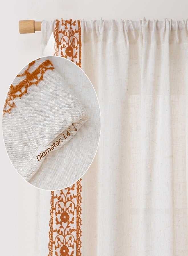 ColorBird Boho Curtains Semi Sheer Linen Curtain for Living Room 84 Inches Length Burnt Orange Floral Embroiderd Light Filtering Window Door Semi Sheer Drapes for Bedroom - Image 3