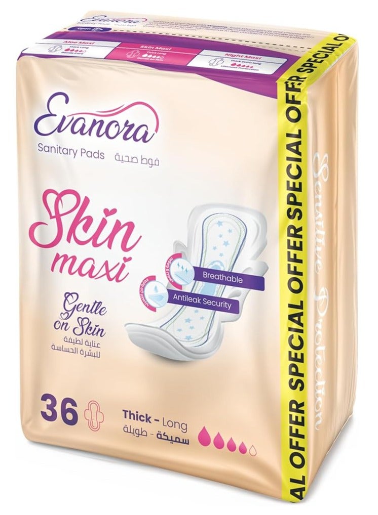 Evanora Sanitary Pads Skin Maxi 36 Count | Thick & Long | Gentle on Skin | Ultra Absorbent, Breathable & Anti-Leak Pads | Soft Feminine Hygiene Pads for Sensitive Skin - Image 1