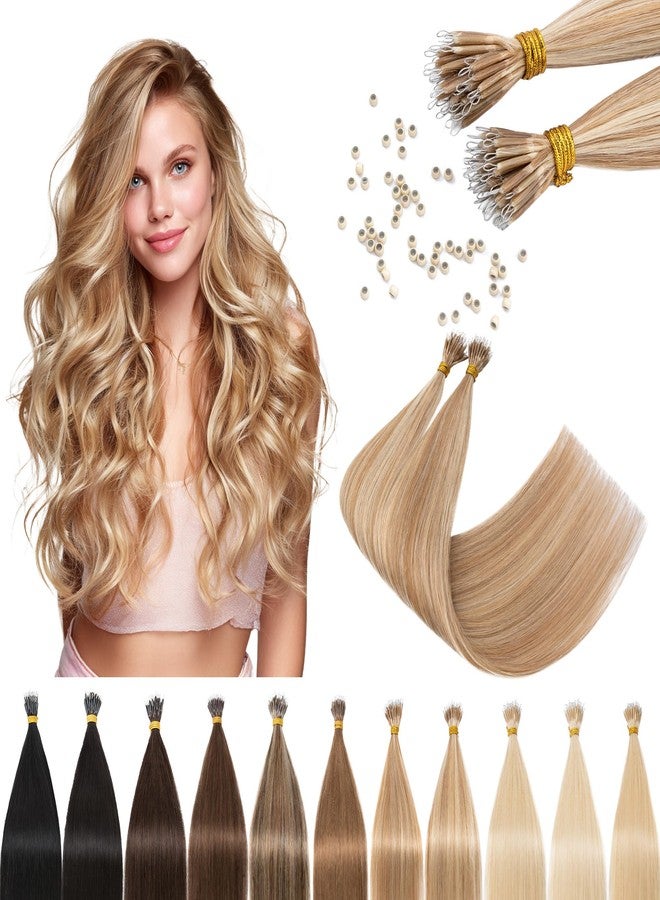 SEGO Nano Tip Hair Extensions Human Hair, Nano Beads Balayage Seamless Highlight Pre-bonded Extensions for Women, 0.7g/strand, 50 strands 35g/pack -16 Inch#12RP613R Golden Brown&Bleach Blonde - Image 1