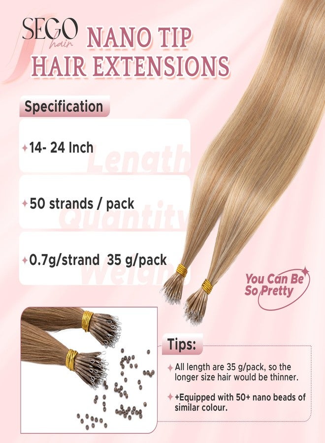 SEGO Nano Tip Hair Extensions Human Hair, Nano Beads Balayage Seamless Highlight Pre-bonded Extensions for Women, 0.7g/strand, 50 strands 35g/pack -16 Inch#12RP613R Golden Brown&Bleach Blonde - Image 2