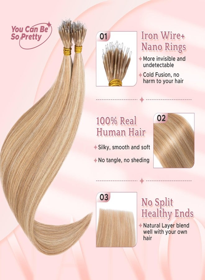 SEGO Nano Tip Hair Extensions Human Hair, Nano Beads Balayage Seamless Highlight Pre-bonded Extensions for Women, 0.7g/strand, 50 strands 35g/pack -16 Inch#12RP613R Golden Brown&Bleach Blonde - Image 3