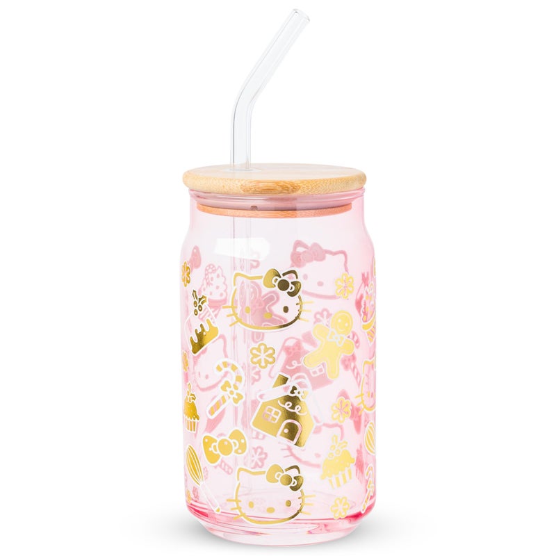 Silver Buffalo Sanrio Hello Kitty Gingerbread Cookies Christmas Holiday Pink and Gold Foil Glass Jar Tumbler with Bamboo Lid and Glass Straw 16 Ounces - Image 2