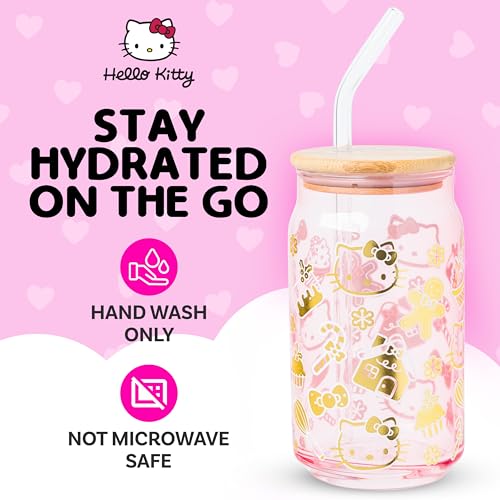 Silver Buffalo Sanrio Hello Kitty Gingerbread Cookies Christmas Holiday Pink and Gold Foil Glass Jar Tumbler with Bamboo Lid and Glass Straw 16 Ounces - Image 3