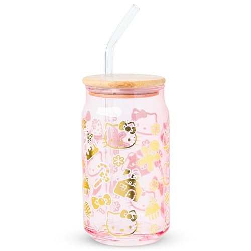 Silver Buffalo Sanrio Hello Kitty Gingerbread Cookies Christmas Holiday Pink and Gold Foil Glass Jar Tumbler with Bamboo Lid and Glass Straw 16 Ounces - Image 1