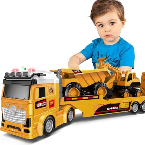 DWIRCTOYS Toddler Boy Toys for Ages 3 4 5 6 7 8 Years Old 25 Large Construction Carrier Truck Toy Excavator and Dump Truck Friction Powered Vehicle with Lights Sounds Birthday Gift for Boys Girls - Image 1