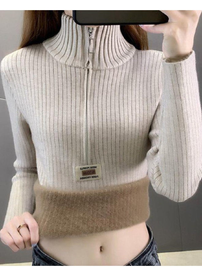 Modal Charming Half-Zip Thickened Integrated Fleece Semi-Turtleneck Base Shirt For Women, Versatile Layering Piece With High-End Feel, Fashionable Sweater For Outer Wear - Image 1