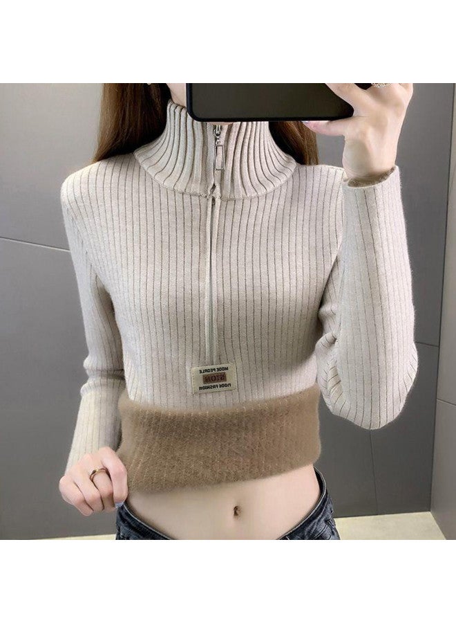 Modal Charming Half-Zip Thickened Integrated Fleece Semi-Turtleneck Base Shirt For Women, Versatile Layering Piece With High-End Feel, Fashionable Sweater For Outer Wear - Image 2