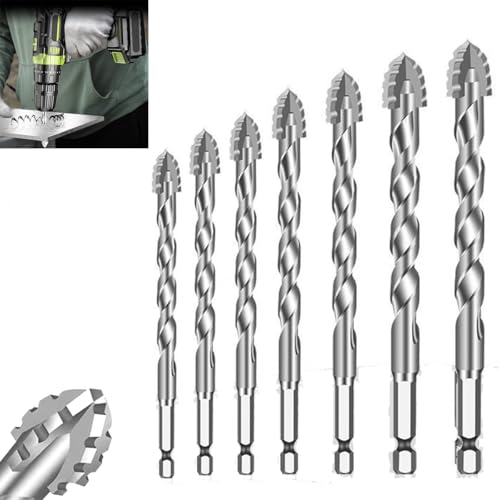 Serplex® 7Pcs Alloy Steel Carbide Drill Bits for Ceramic Tiles, Ceramic, Glass, Marble, Concrete, 3/4/5/6/8/10/12mm High Impact 4-Edge Sawtooth Power Drill Bits Hex Shank Hole Opener Drill Bit - Image 1