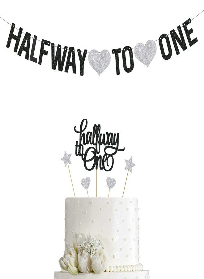 SVM CRAFT Black Glitter 1/2 Way To One Cake Topper & Banner-Happy 6 Months Cake Topper|Half Way To One Cake Topper|1/2 Half|For Baby Boy Or Girl |Children 6 Months Birthday Party Decoration Supplies - Image 1