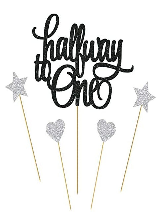 SVM CRAFT Black Glitter 1/2 Way To One Cake Topper & Banner-Happy 6 Months Cake Topper|Half Way To One Cake Topper|1/2 Half|For Baby Boy Or Girl |Children 6 Months Birthday Party Decoration Supplies - Image 2