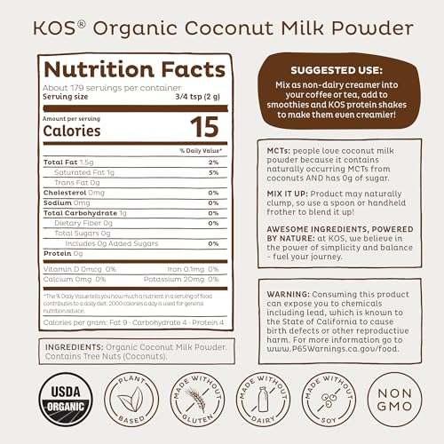 KOS Organic Coconut Milk Powder, USDA Certified Organic - 0g Sugar, MCT Plant Based Creamer for Coffee, Smoothies, Vegan, Keto, Paleo Friendly, Non-GMO, Gluten or Dairy- 12.6oz, 179 Servings - Image 4
