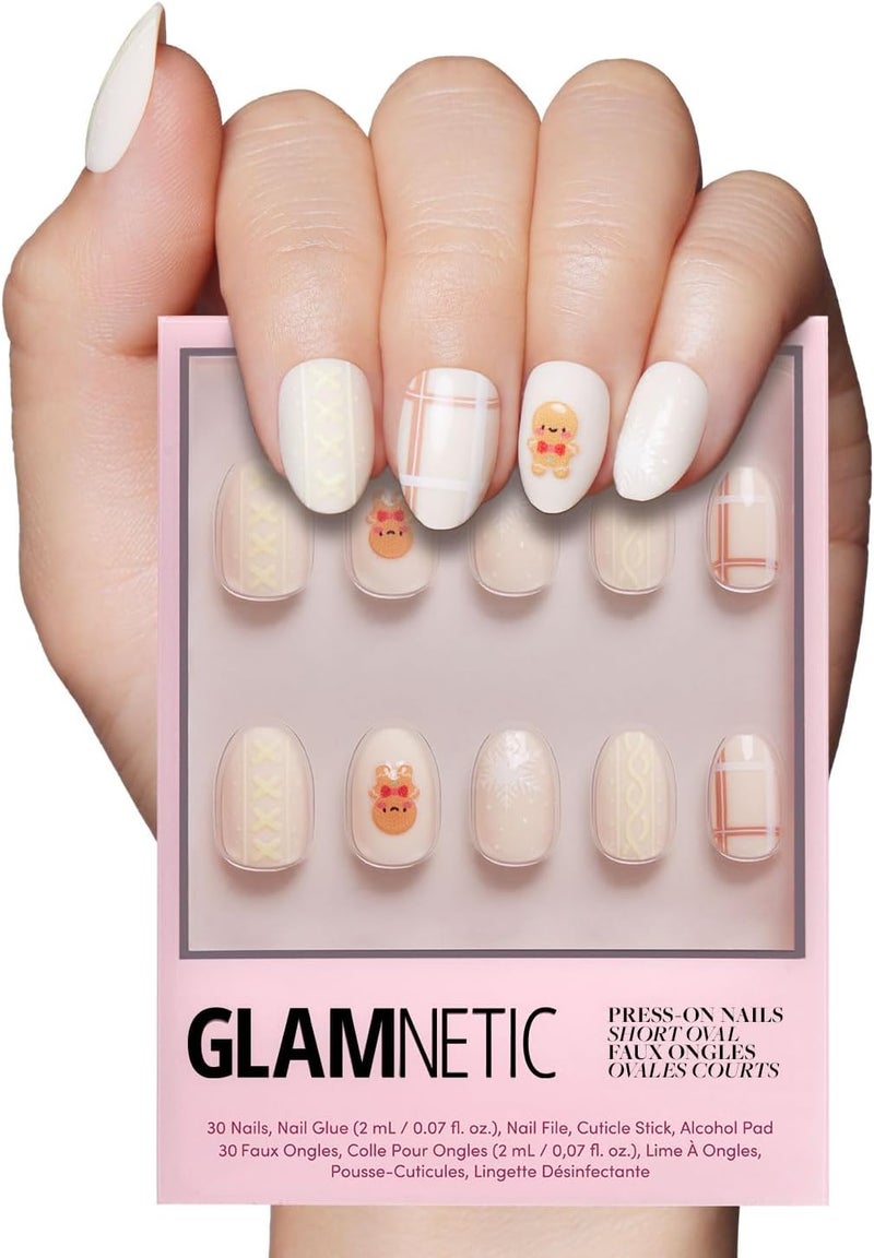 Glamnetic Sand resistant Press On Nails - Gingerbread Knit | Graphic Gingerbread Sweater Knit 3D Opaque Short Oval False Nails, Reusable Stick On Fake Nails with Glue | Salon Quality | 15 Sizes - 30 Nail Kit Trendy economical quality - Image 1