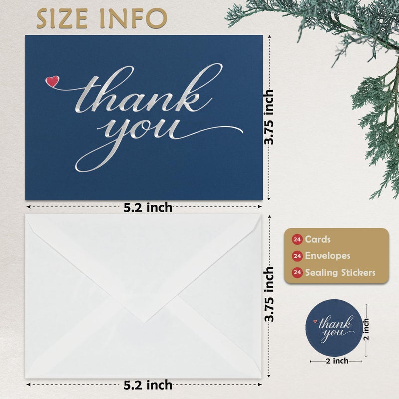 Cheerin 24 Pack Blue Thank You Cards With Envelopes Set - Elegant Silver Foil Thank You Notes for Wedding, Birthday and Business - Bulk Appreciation Cards 3x5 inch - Image 3