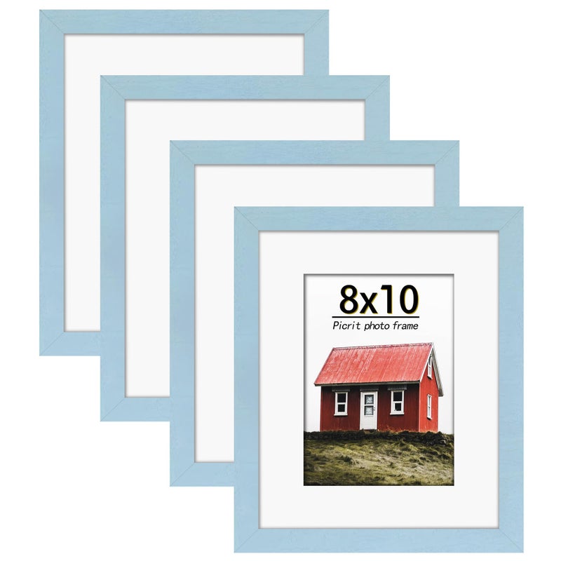 Picrit 8x10 Picture Frame Set of 4 Made of High Definition Real Glass Display 5x7 with Mat or 8x10 Without Mat Photo Frames for Wall Mounting or Table Top Display Blue