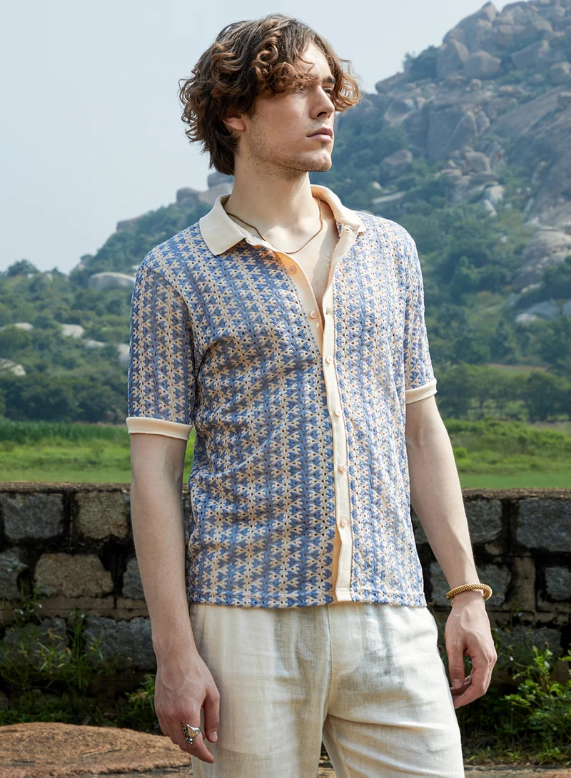 Campus Sutra Men's Powder Blue Ditsy Floral Knit Shirt