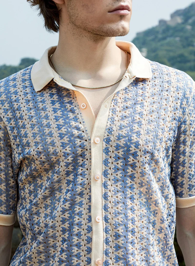 Campus Sutra Men's Powder Blue Ditsy Floral Knit Shirt