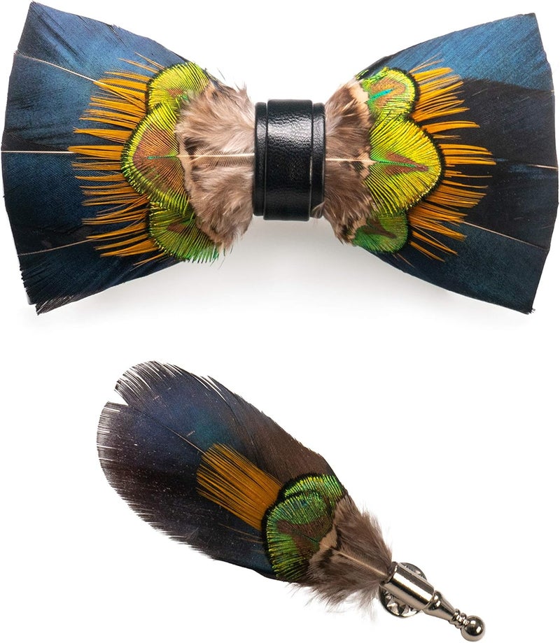 RBOCOTT Handmade Feather Pre-tied Bow tie and Brooch Sets for Men - Image 1