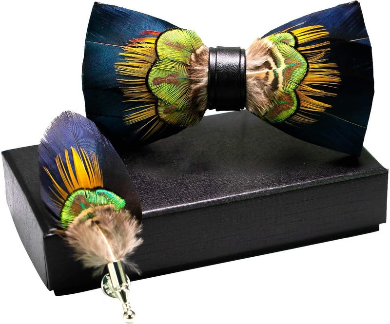 RBOCOTT Handmade Feather Pre-tied Bow tie and Brooch Sets for Men - Image 2