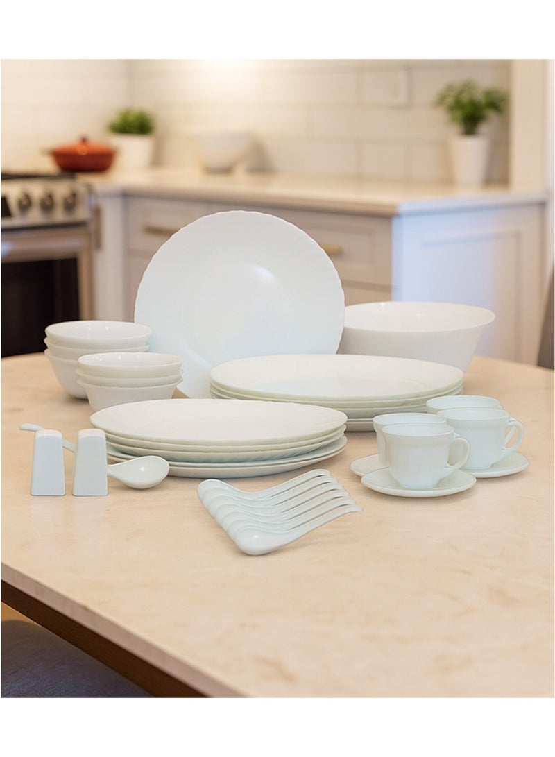 Melrich طقم عشاء أوبال وير من ميلريتش مكون من 40 قطعة، 6 أطباق عشاء، 6 أطباق حلوى، 6 أوعية، 6 ملاعق حساء، 6 أكواب، 6 صحن، 1 مغرفة ملح، 1 مغرفة فلفل، 1 وعاء تقديم، 1 مغرفة كاري - Image 1